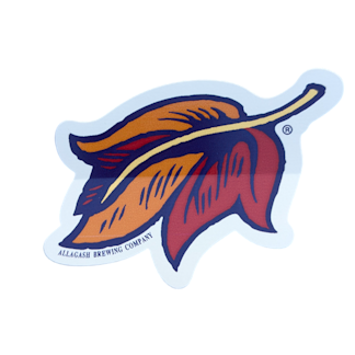 a red orange and yellow leaf sticker with the words Allagash brewing Company along the bottom