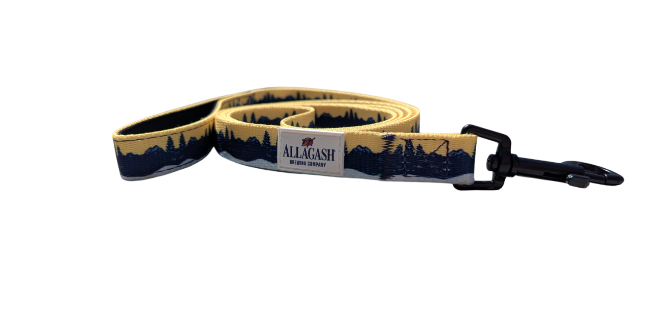 a yellow and blue dog leash with the text Allagash