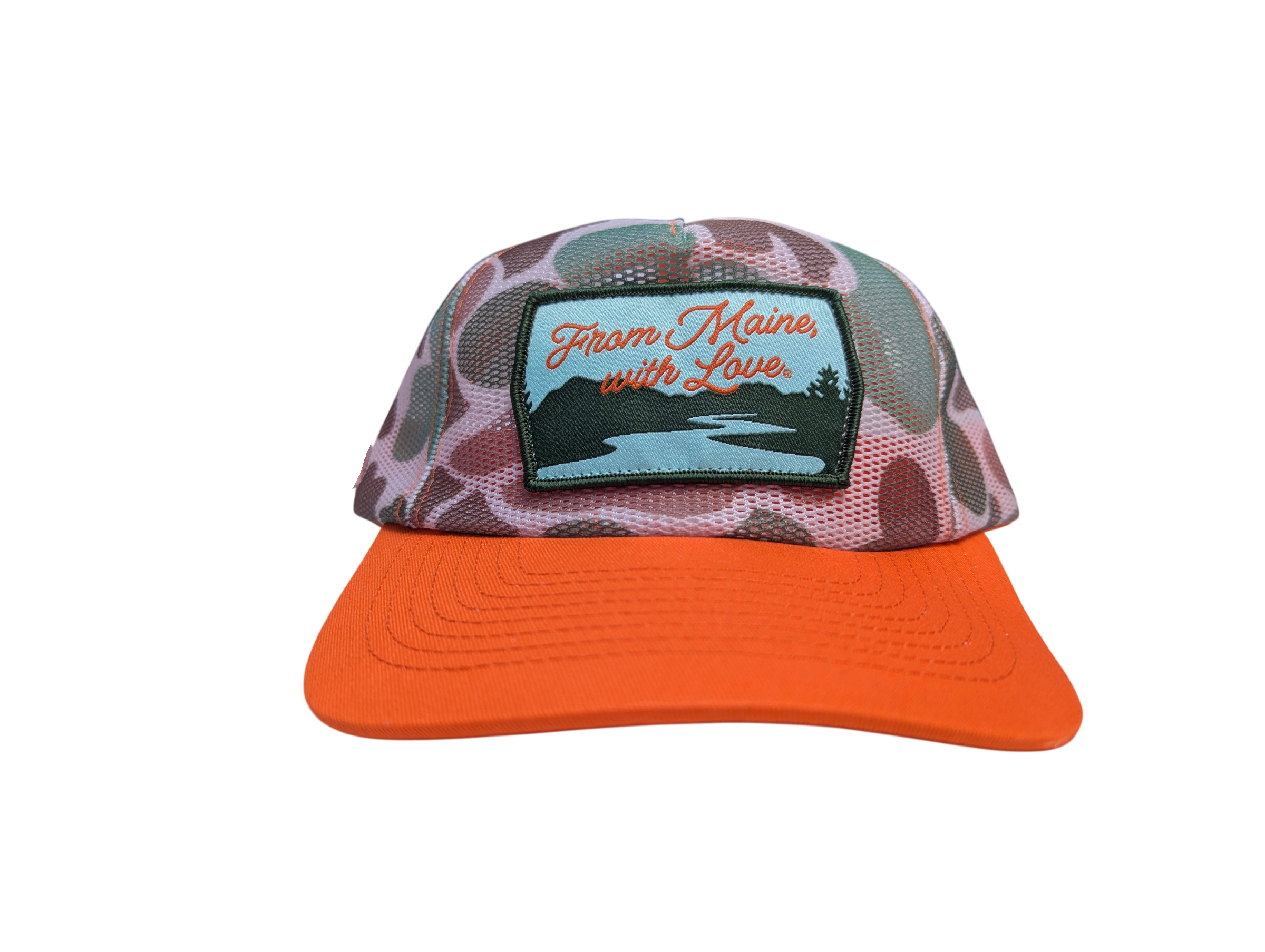 a camo hat with an orange bill and a tag that reads From Maine With Love