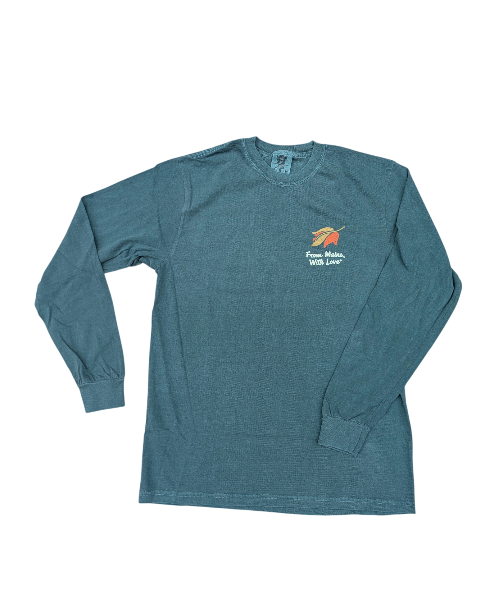 a bluegreen long sleeve tee with a multicolor leaf and the text From Maine With Love