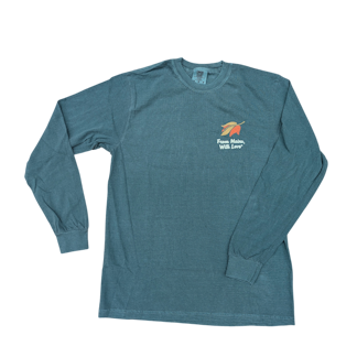 a bluegreen long sleeve tee with a multicolor leaf and the text From Maine With Love