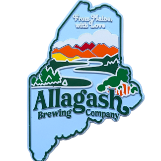 a textured rubber magnet in the shape of the state of Maine with the text Allagash Brewing Company