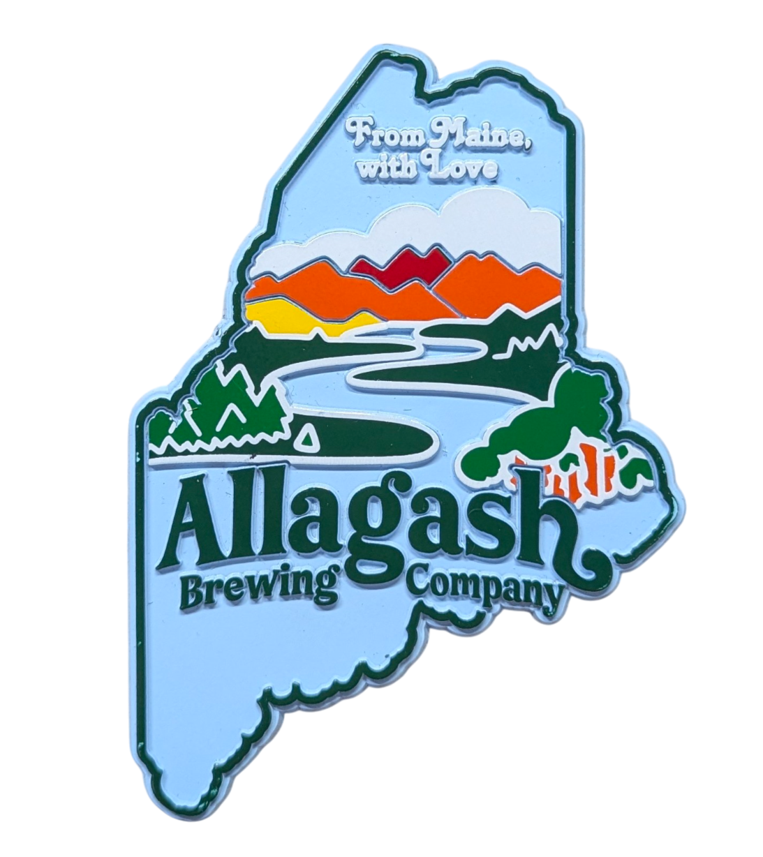 a textured rubber magnet in the shape of the state of Maine with the text Allagash Brewing Company