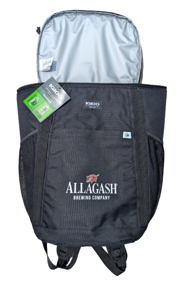 A black cooler backpack with the top open to show the silver liner