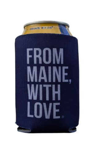 A blue coozie with the text From Maine, With Love