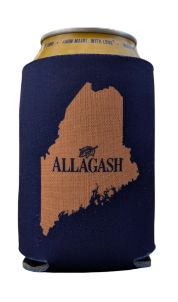 a blue coozie with an orange outline of the state of maine and the text Allagash