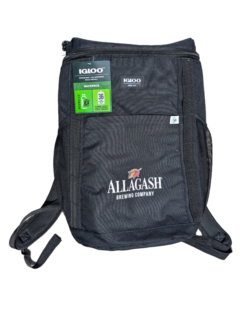 A black backpack cooler with Allagash Brewing Company text and leaf