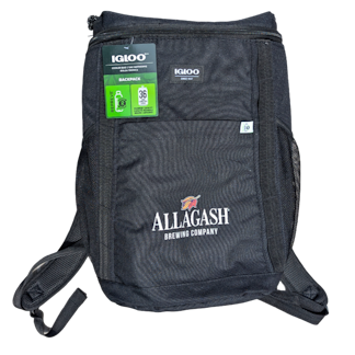 A black backpack cooler with Allagash Brewing Company text and leaf