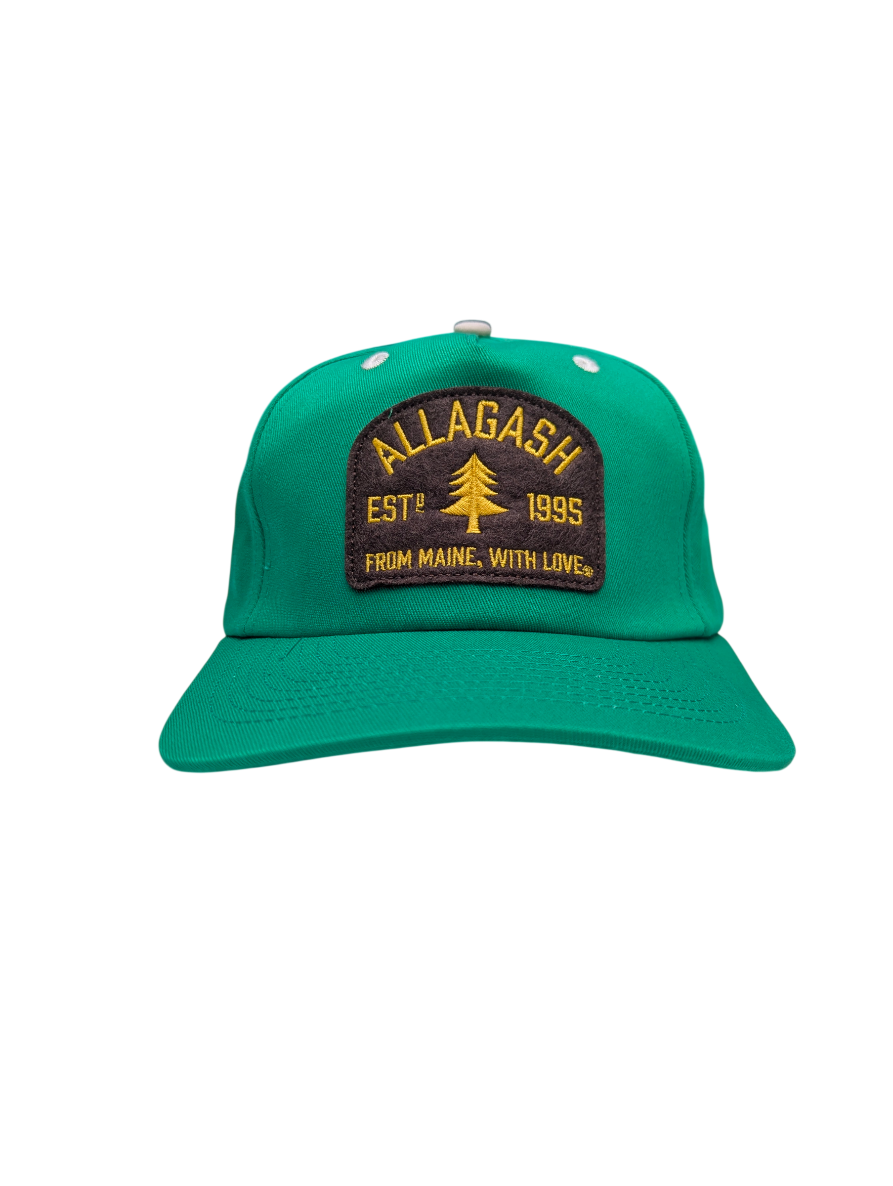 a green hat with brown patch. the patch features a yellow pine tree and the text Allagash Brewing Company