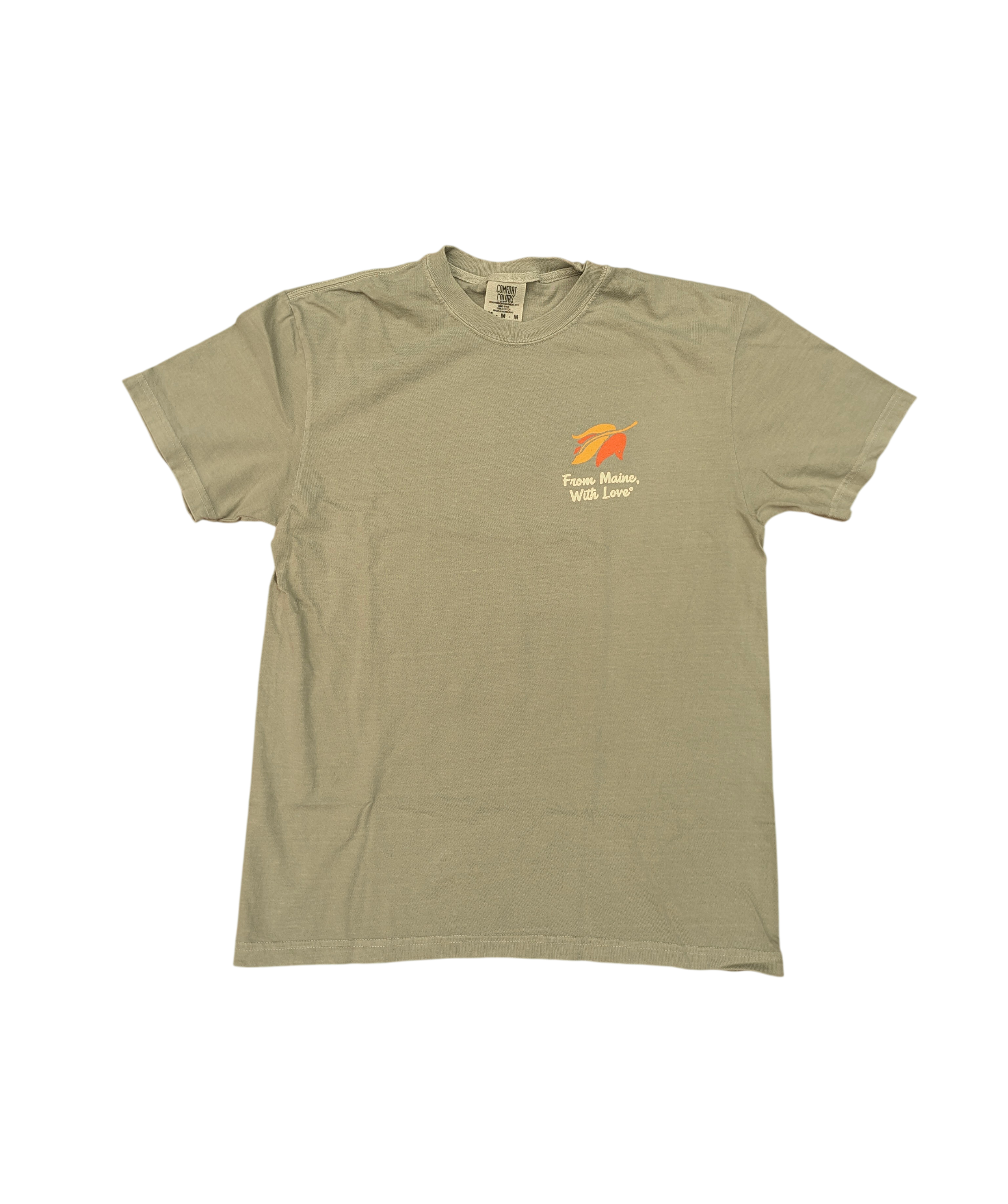 a sandstone tan tee with a retro leaf logo on the front