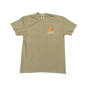 a sandstone tan tee with a retro leaf logo on the front