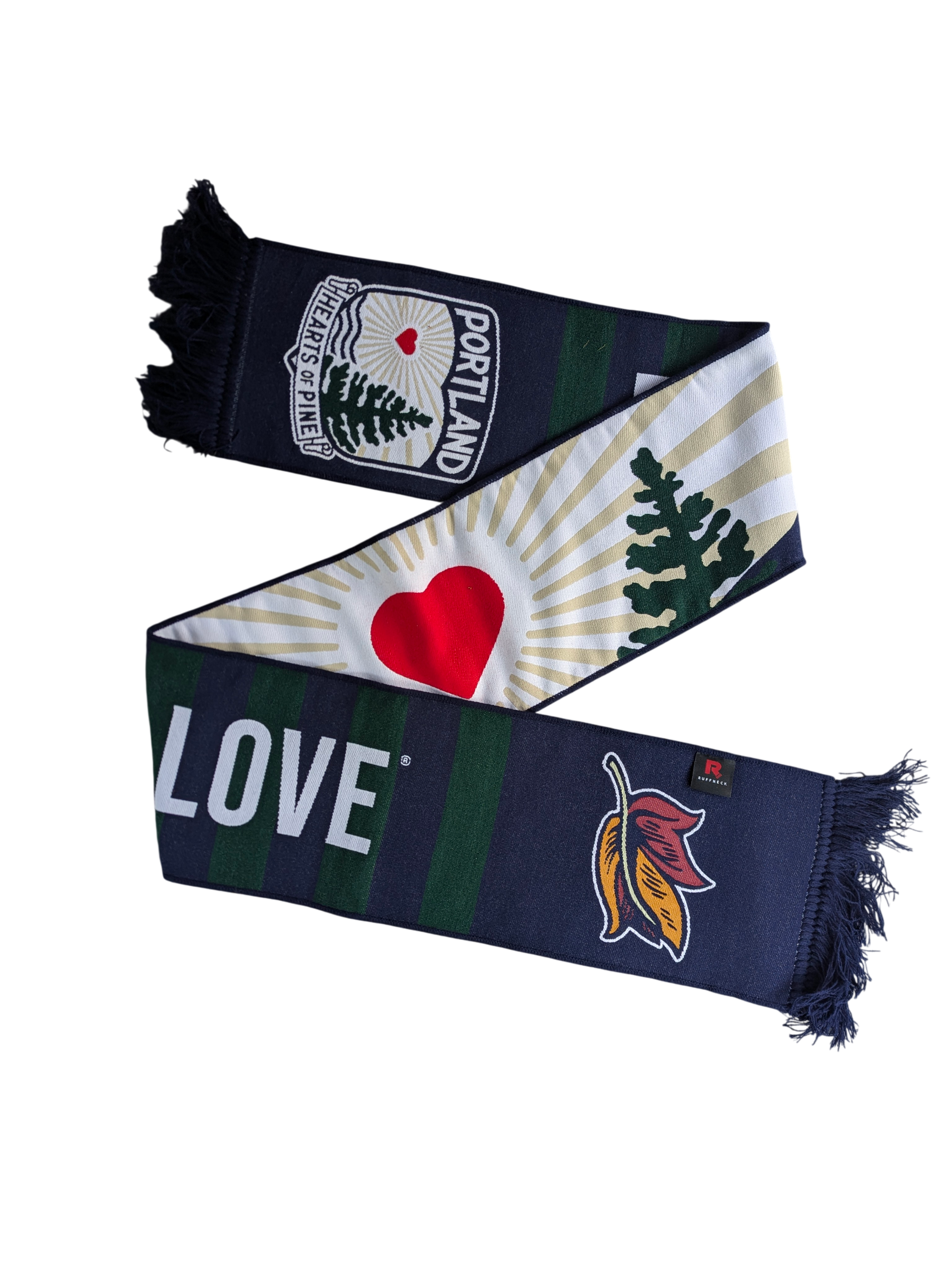 a folded scarf showing a portion of both sides. There is a red heart and the word Love