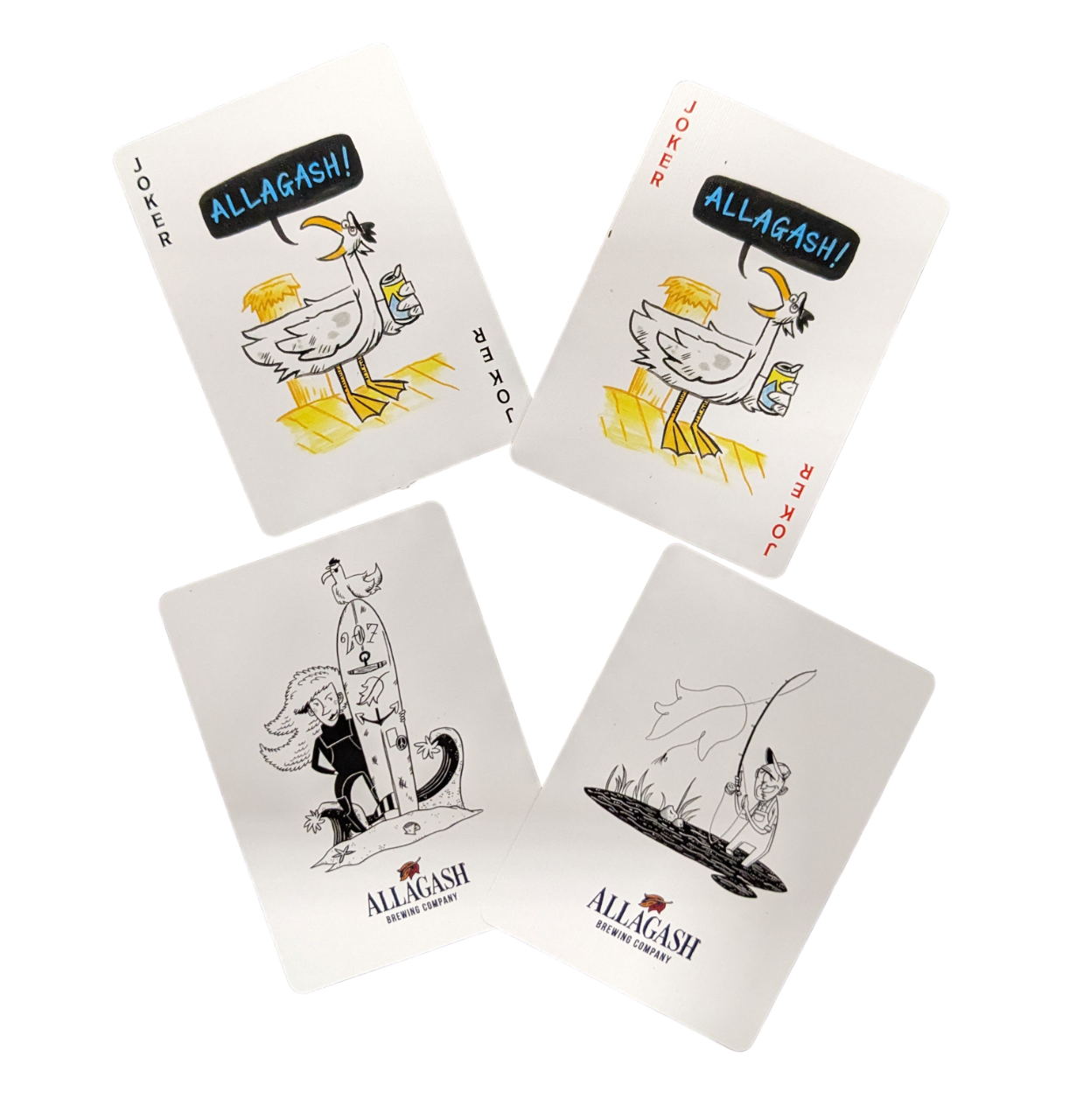4 playing cards depicting cartoon figures