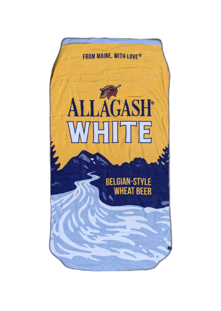 A beach towel shaped like an Allagash White Beer Can