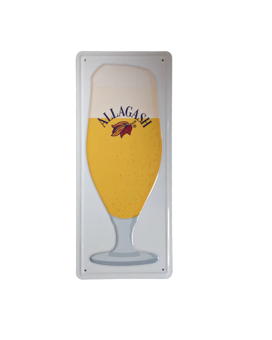 a rectangular tacker sign depicting and Allagash Chalice. The text is placed above a red and orange leaf and reads Allagash