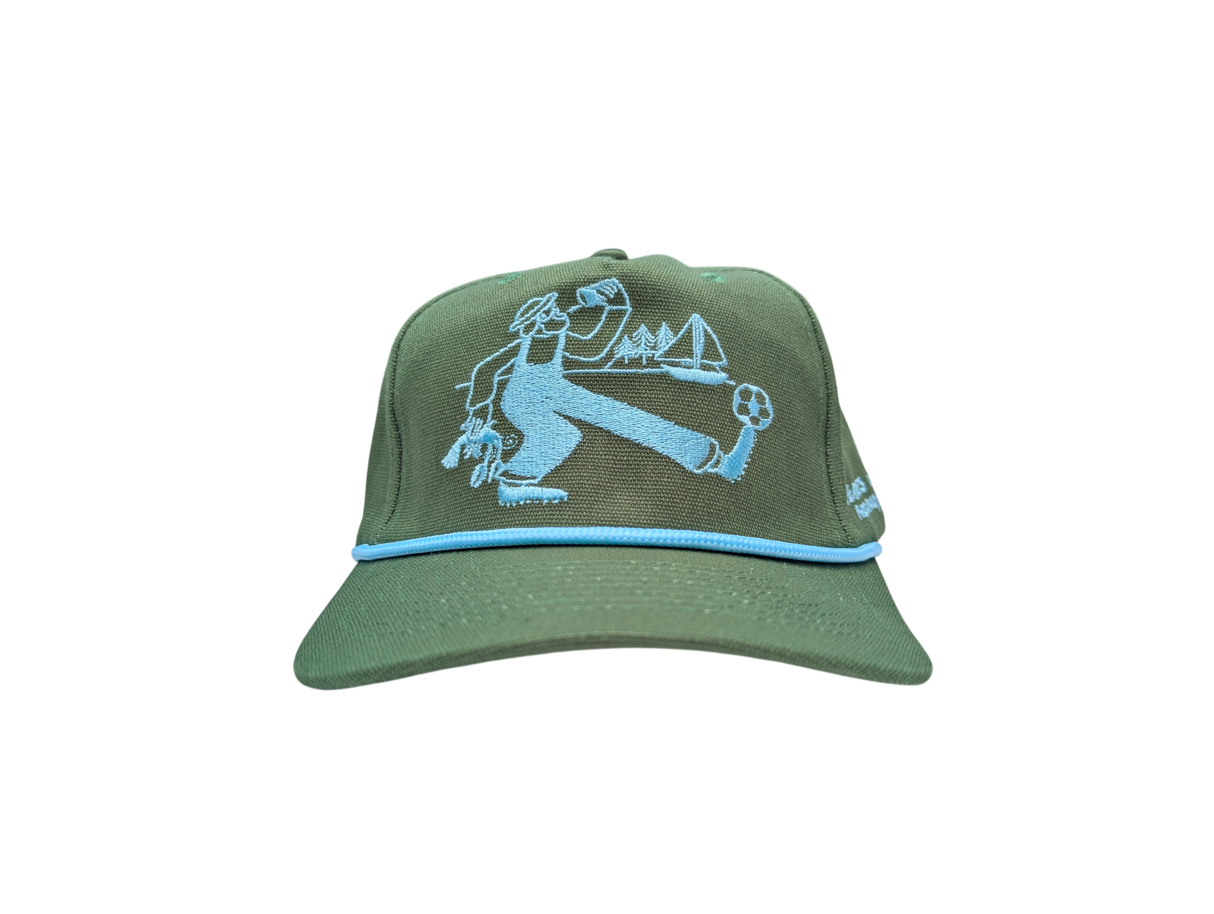 A green canvas hat with an embroidered fisherman character kicking a soccer ball