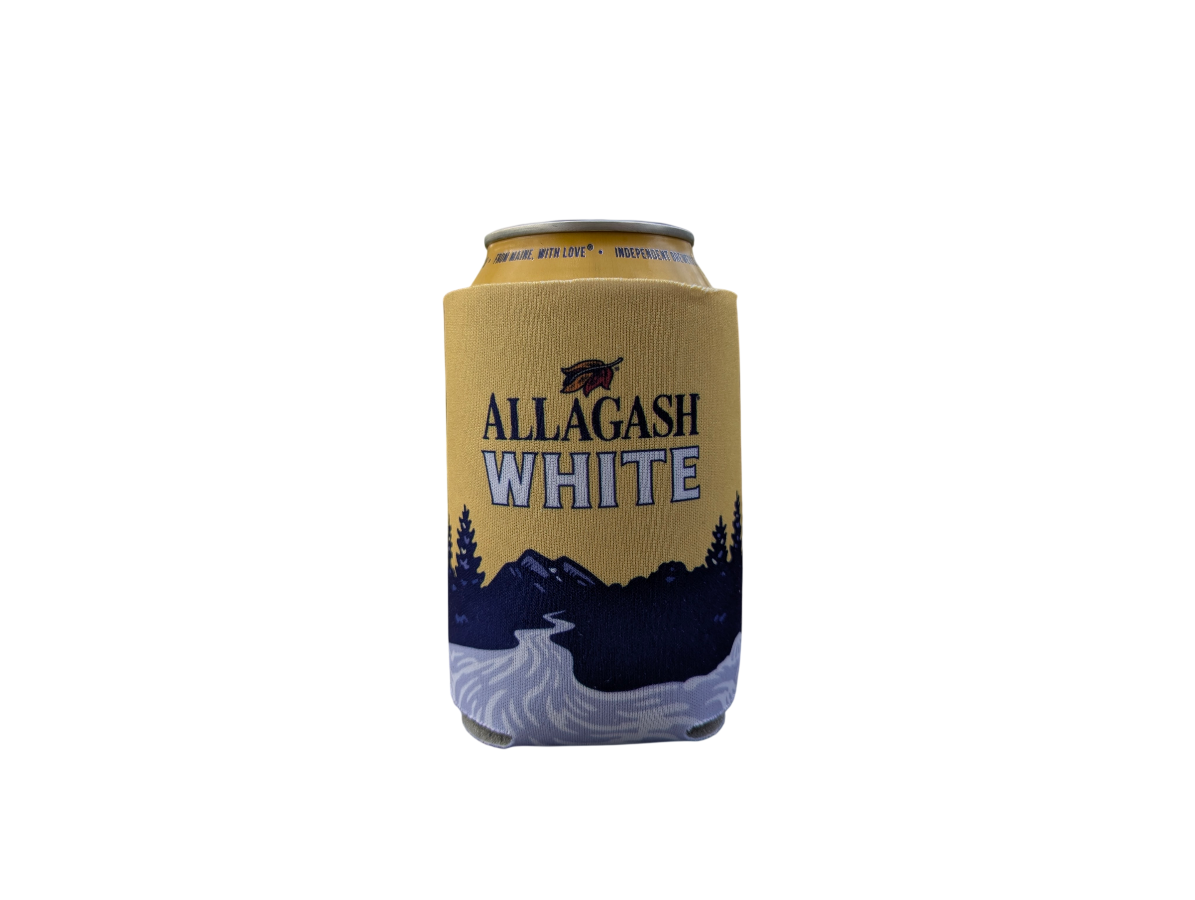 an Allagash White can coozie featuring a river scene and mountains.