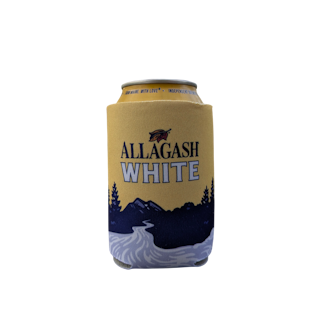 an Allagash White can coozie featuring a river scene and mountains.