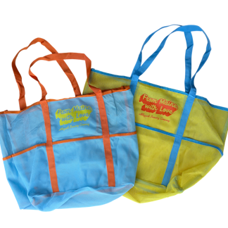 2 mesh beach bags, one blue and one yellow