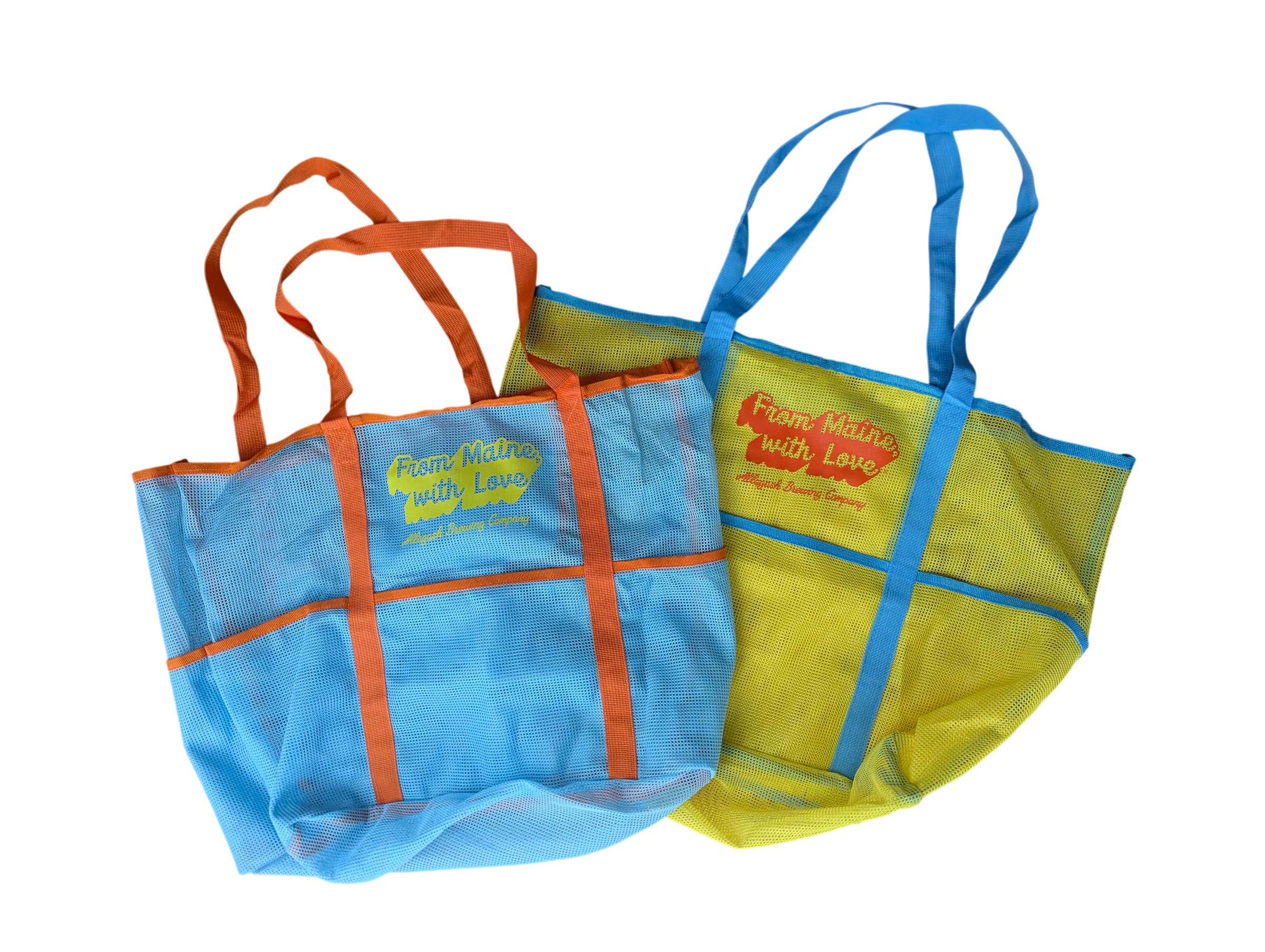 2 mesh beach bags, one blue and one yellow
