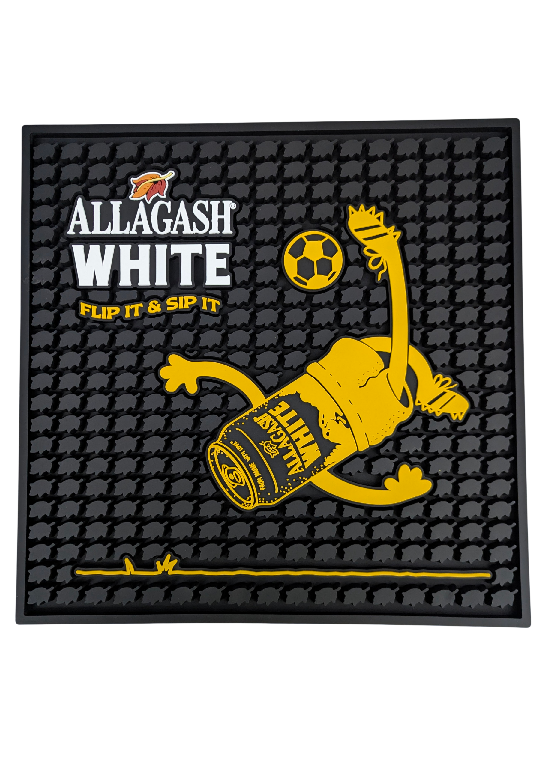 a black and yellow bar mat with the text Allagash White