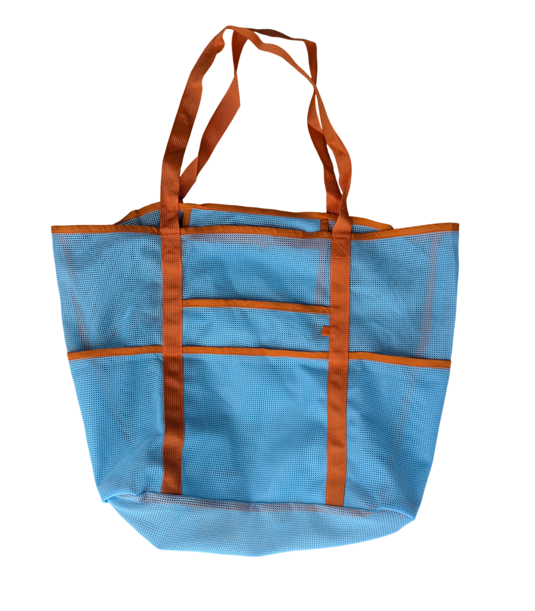 a blue mesh bag with pockets