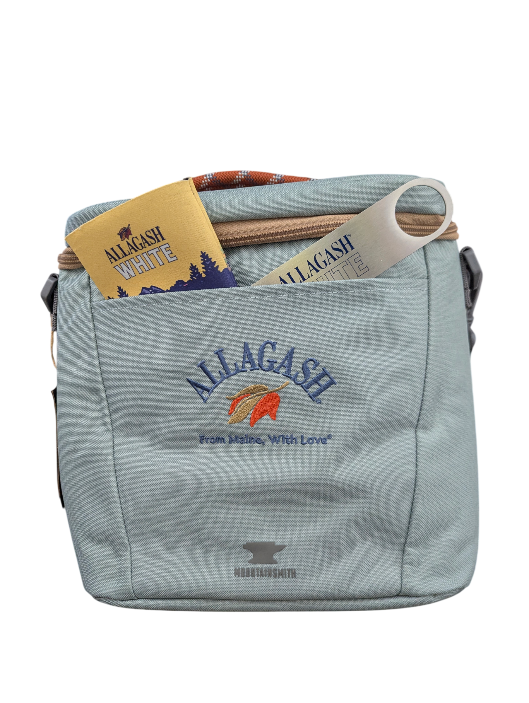 a cooler with a bottle opener and coozie sticking out of the pocket