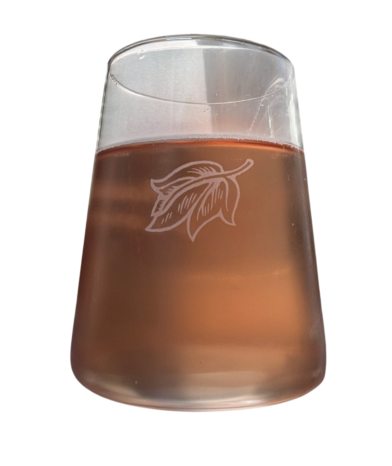 A stemless glass with leaf etching