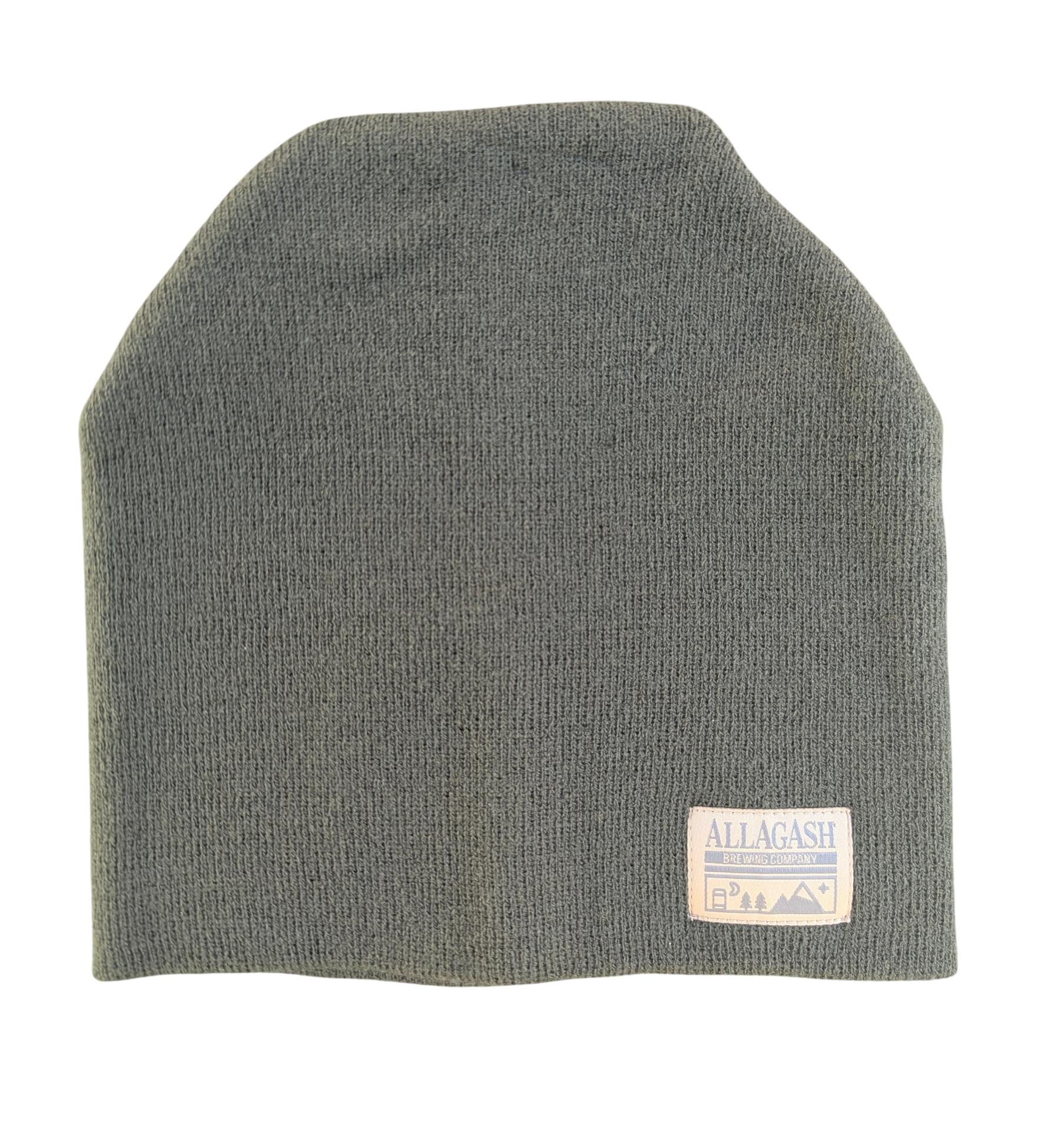A green beanie with a small tag that reads Allagash