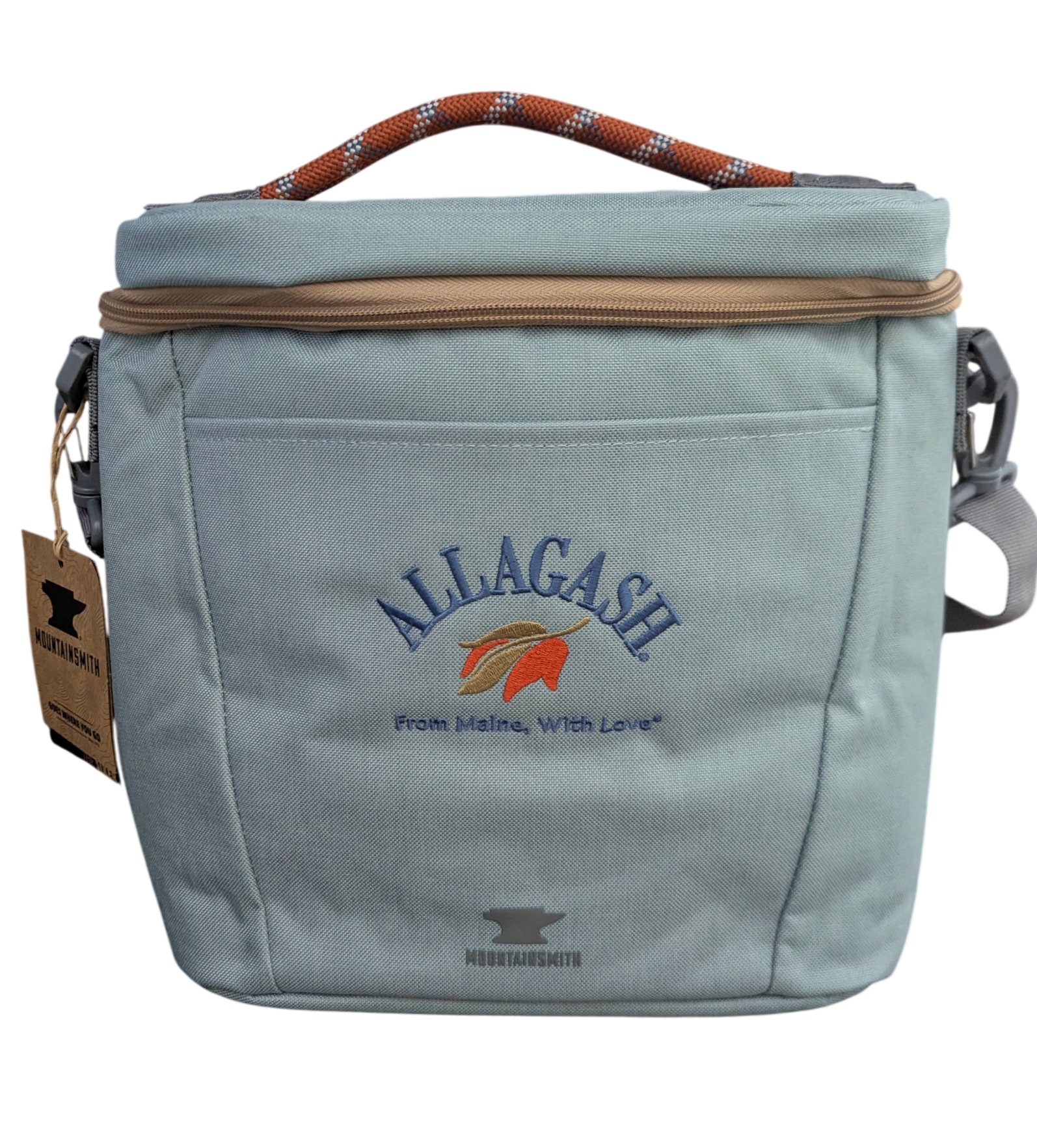 a blue cooler with red accents and a logo that reads Allagash