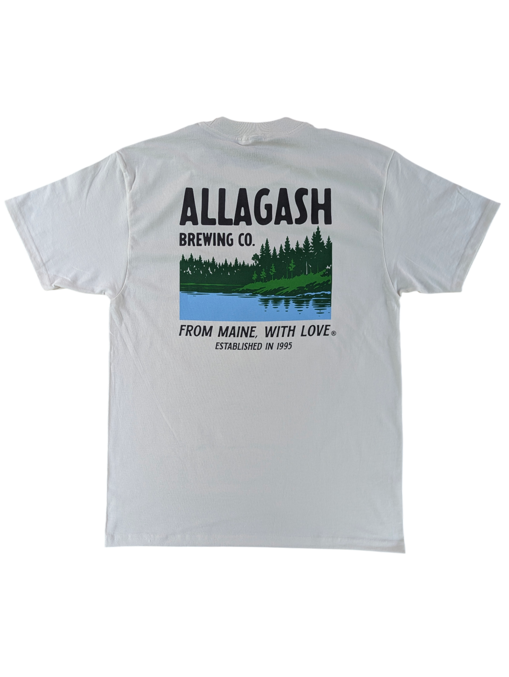 A white tee with a lake scene and the text Allagash