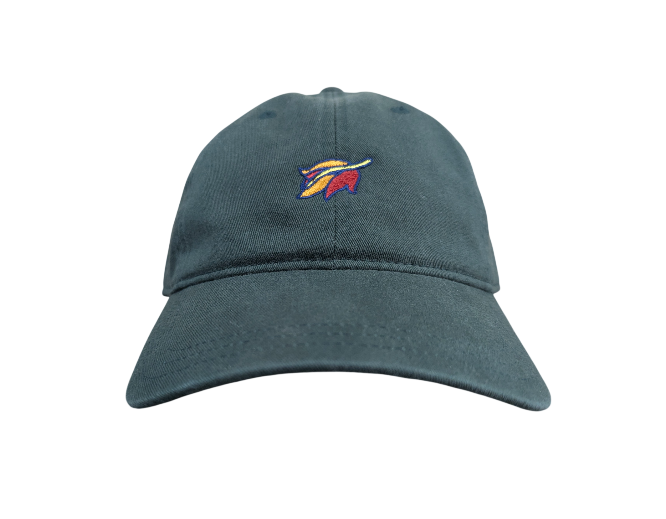 A green ballcap with an embroidered leaf