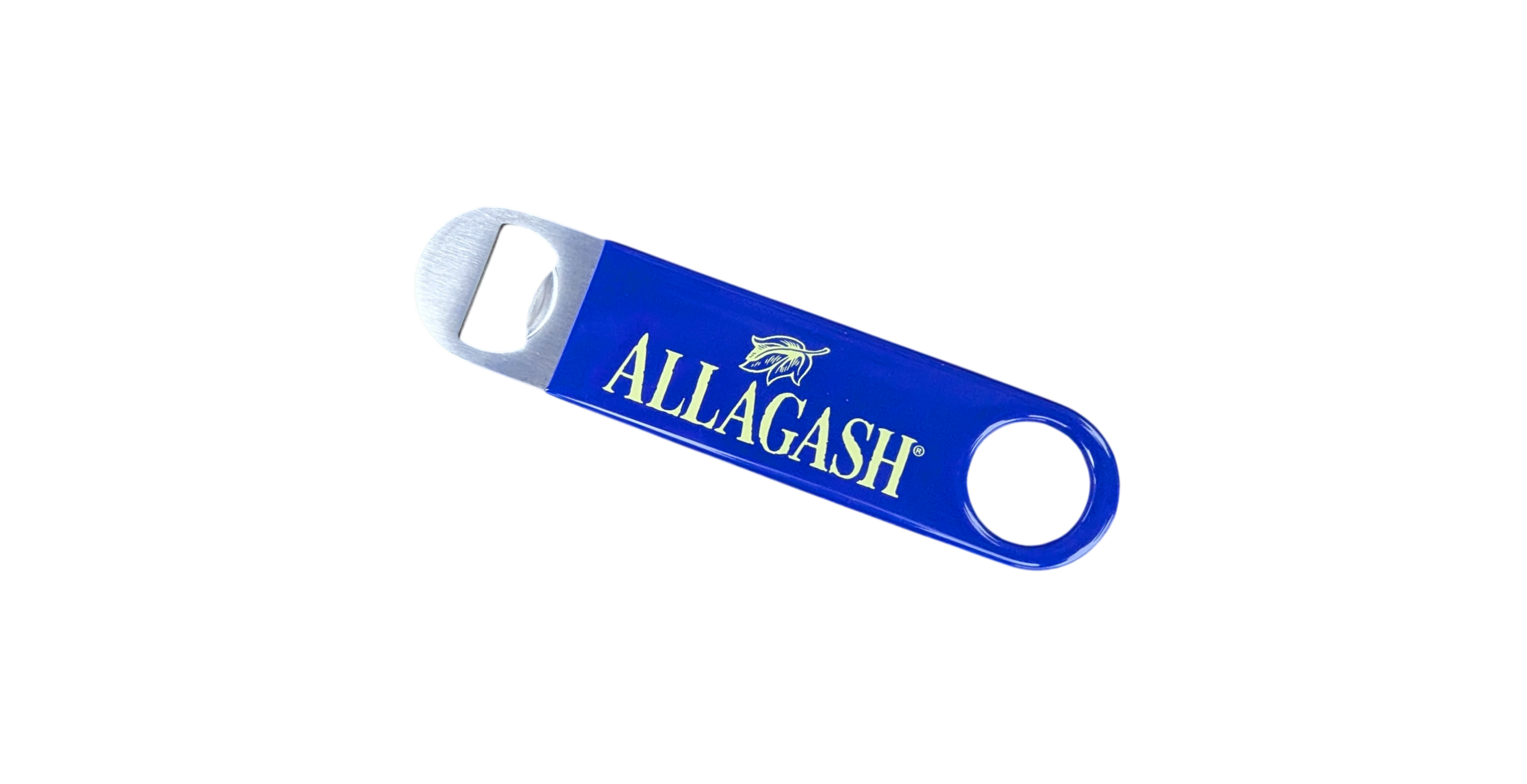 a blue and metal bottle opener with the text Allagash across the front