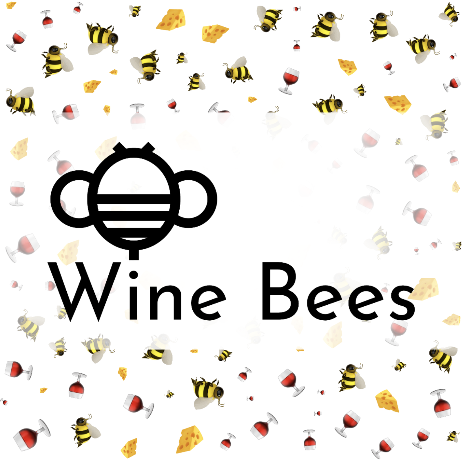 Wine Bees event flier with Wine Bees logo in black on top of bee, wine and cheese emojis of varying sizes