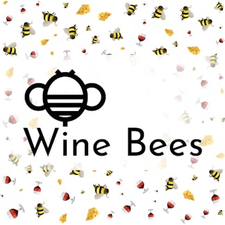 Wine Bees event flier with Wine Bees logo in black on top of bee, wine and cheese emojis of varying sizes