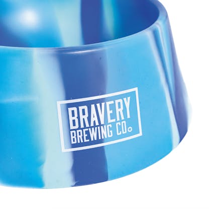 front detail of Tie-Dye Aqua Dog Bowl with Bravery's logo printed in white