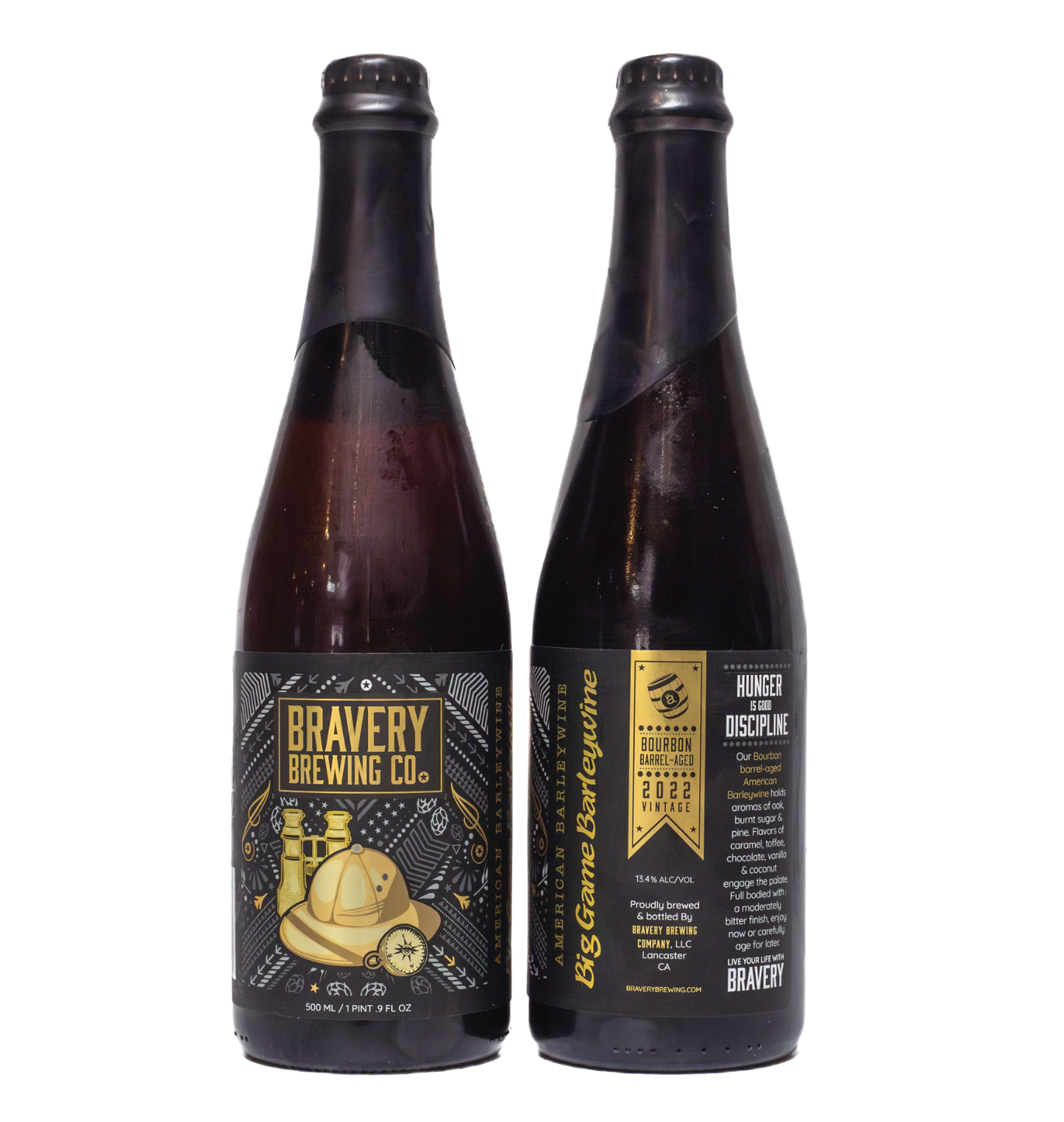 two bottles of Big Game Barleywine bourbon barrel-aged beer, the left bottle showing the front label art, the right showing the label details