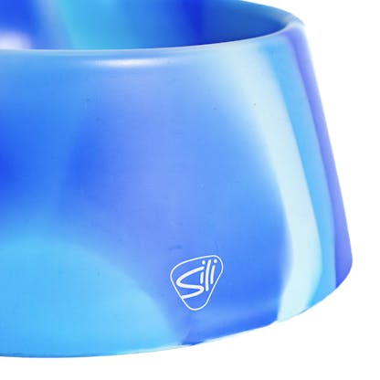 back of Tie-Dye Aqua Dog Bowl with "Sili" logo printed in white