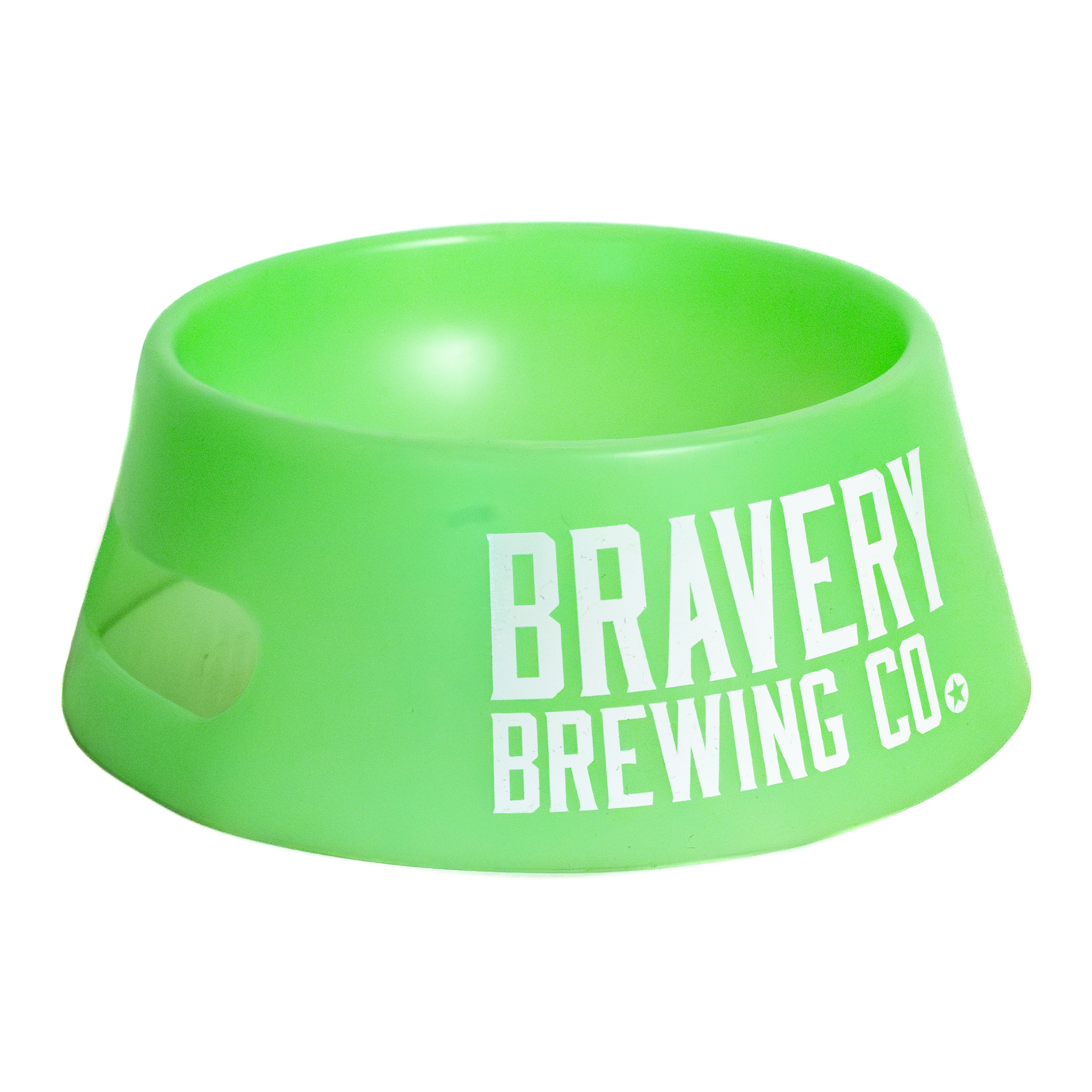 front of glow green Dog Bowl with Bravery's logo printed large in white
