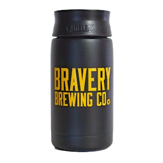 front of Black Bravery CamelBak – 12oz on a white background. The text "Bravery Brewing Co." is printed on the side in yellow.