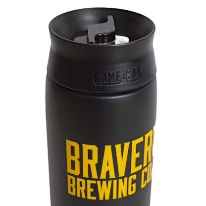 detail of Black Bravery CamelBak lid – 12oz on a white background. The text "Bravery Brewing Co." is printed on the side in yellow.