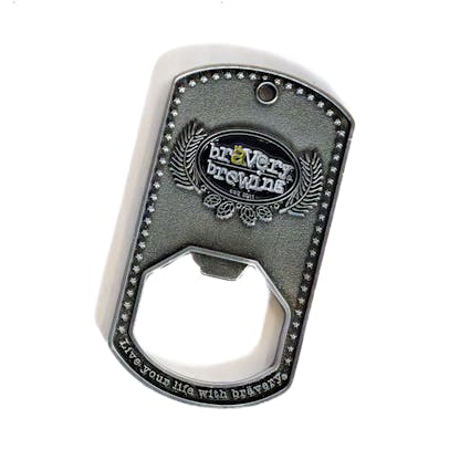 Back of Bravery The Gunny bottle opener on a white background. Bravery's logo is embossed with white and yellow accents. the text "live your life with bravery" is embossed along the bottom. small stars are embossed along the sides.