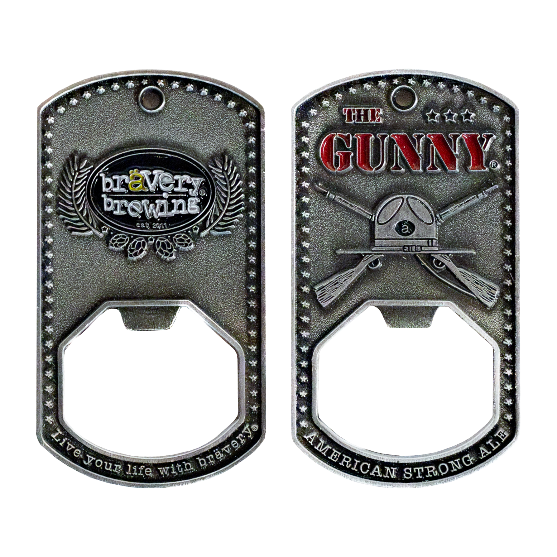 Front and back of Bravery The Gunny bottle opener side by side on a white background.