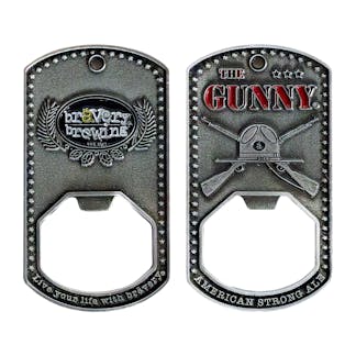 Front and back of Bravery The Gunny bottle opener side by side on a white background.