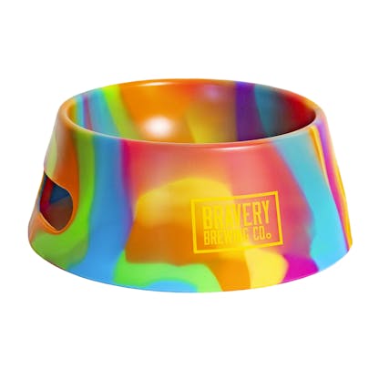 front of Rainbow Tie-Dye Dog Bowl with Bravery's logo printed in yellow