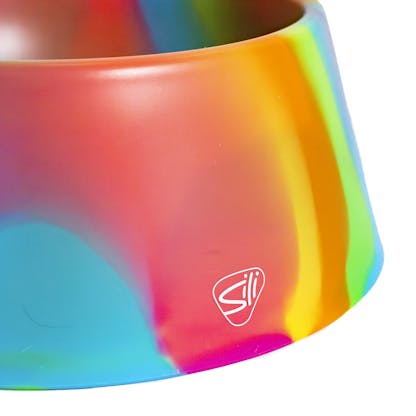 back detail of Rainbow Tie-Dye Dog Bowl with "Sili" logo printed in white