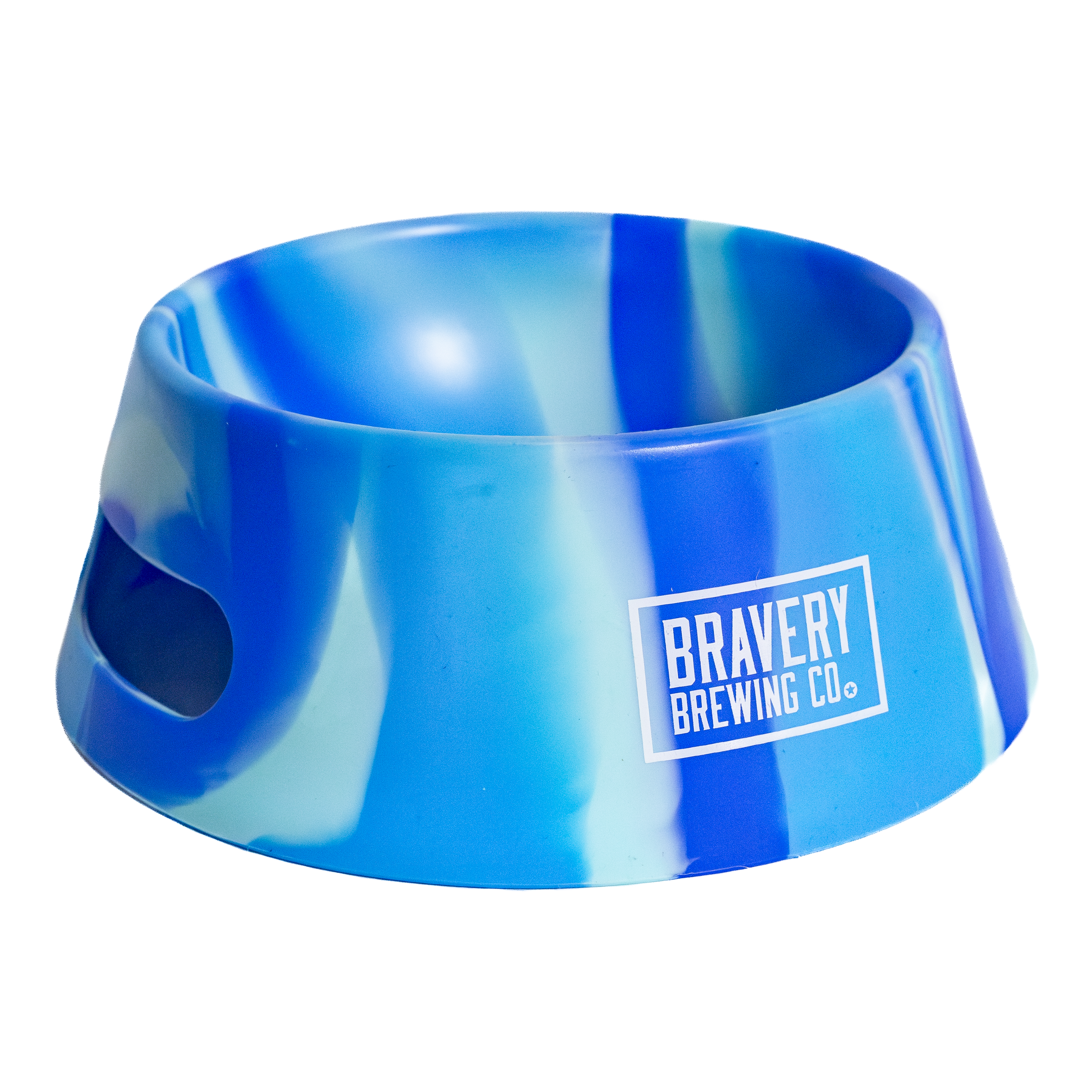front of Tie-Dye Aqua Dog Bowl with Bravery's logo printed in white