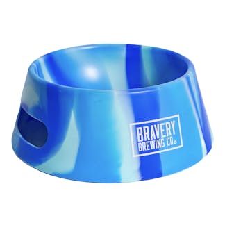 front of Tie-Dye Aqua Dog Bowl with Bravery's logo printed in white
