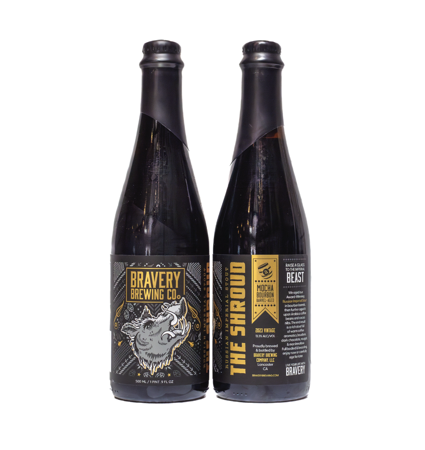 two bottles of The Shroud mocha bourbon barrel-aged beer, the left bottle showing the front label art, the right showing the label details