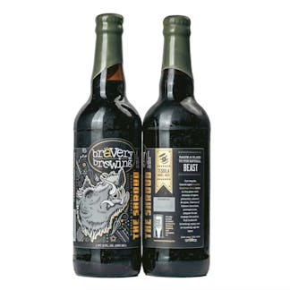 two bottles of The Shroud tequila barrel-aged beer, the left bottle showing the front label art, the right showing the label details